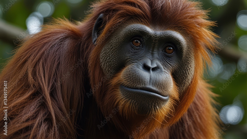 Close-up of a mature orangutan, alert and serene expression. Lush, reddish-brown fur, intelligent eyes Close-up of a mature orangutan, alert and serene expression. Lush, reddish-brown fur, intelligent eyes