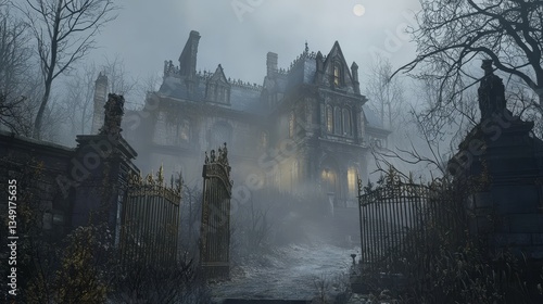 Gothic mansion surrounded by mist, broken windows, creaking iron gates, dead trees lining the pathway, pale moonlight illuminating the rooftop