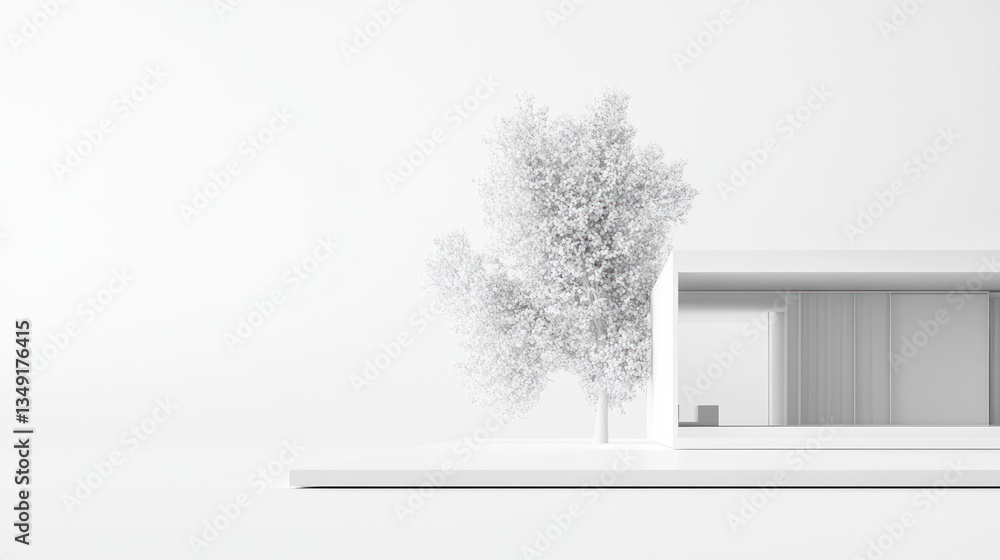 Fototapeta premium Minimalist white house model with a small tree, clean design, architectural rendering.