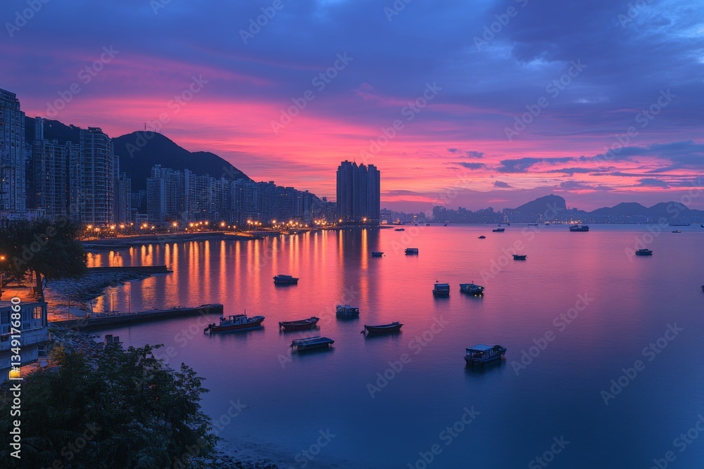 Obraz premium Beautiful sunset over calm waters with boats and city skyline in the background