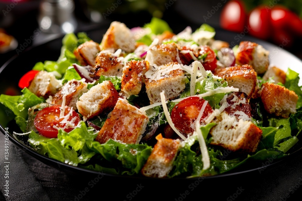 Delight in a beautifully arranged fresh Caesar salad with rich additions. Delight in a beautifully arranged fresh Caesar salad with rich additions.