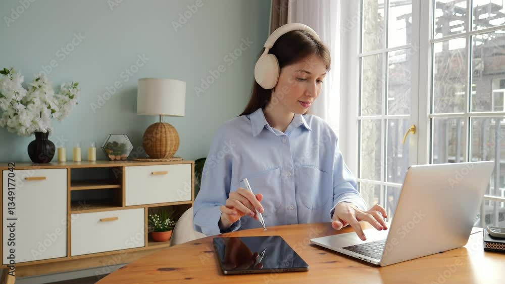 Smiling woman engages with a tablet while using a laptop at a cozy home workspace. Smiling woman engages with a tablet while using a laptop at a cozy home workspace.