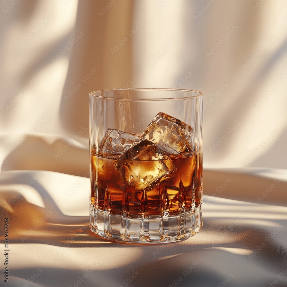 Whiskey with ice in glass on silk. Whiskey with ice in glass on silk.