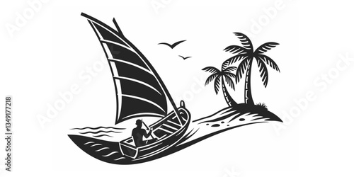 A sailboat gliding through the sea, surrounded by palm trees, representing freedom, exploration, and the timeless joy of sailing in tropical waters