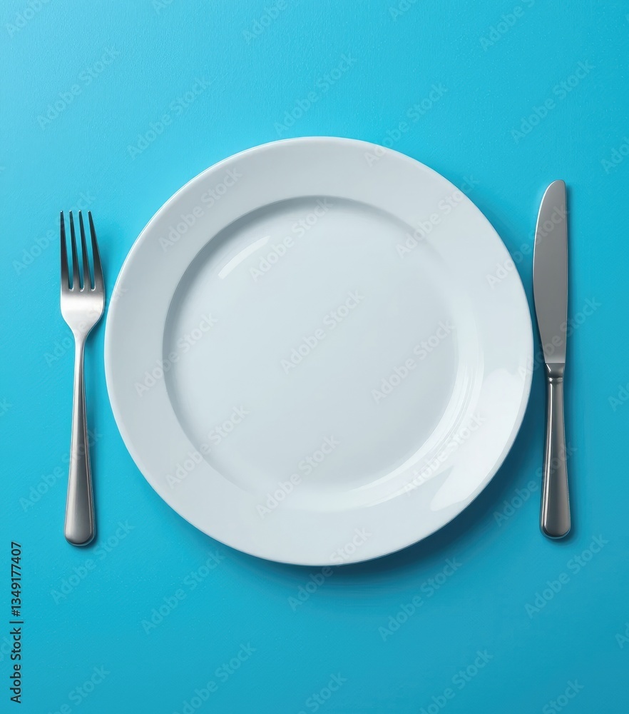 Setting the Table with White Plate Knife and Fork on Blue Surface Setting the Table with White Plate Knife and Fork on Blue Surface