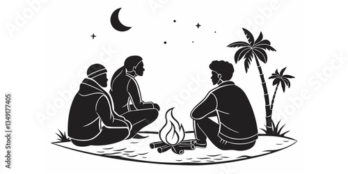 A group of friends camping near palm trees, sitting around a bonfire under the moon and stars, enjoying nature, deep conversations, and a peaceful getaway.