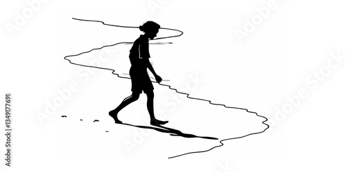 A young child walking along the shore, leaving gentle footprints in the wet sand, exploring the waves with innocence and curiosity in a peaceful moment.
