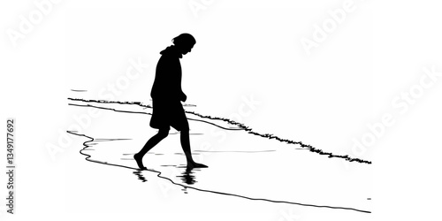 A silhouette of a lone walker strolling by the beach, following their own path with quiet footsteps in the sand, capturing the essence of solitude and freedom.