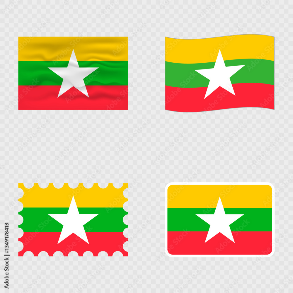 Myanmar national flag in four different styles.