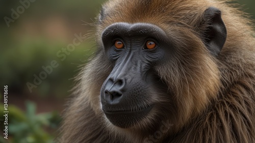 Wallpaper Mural Close-up of a  baboon's head, intense gaze.  A close-up, detailed portrait of a  baboon's head.  The animal's intense gaze and rich brown fur are prominent features Torontodigital.ca