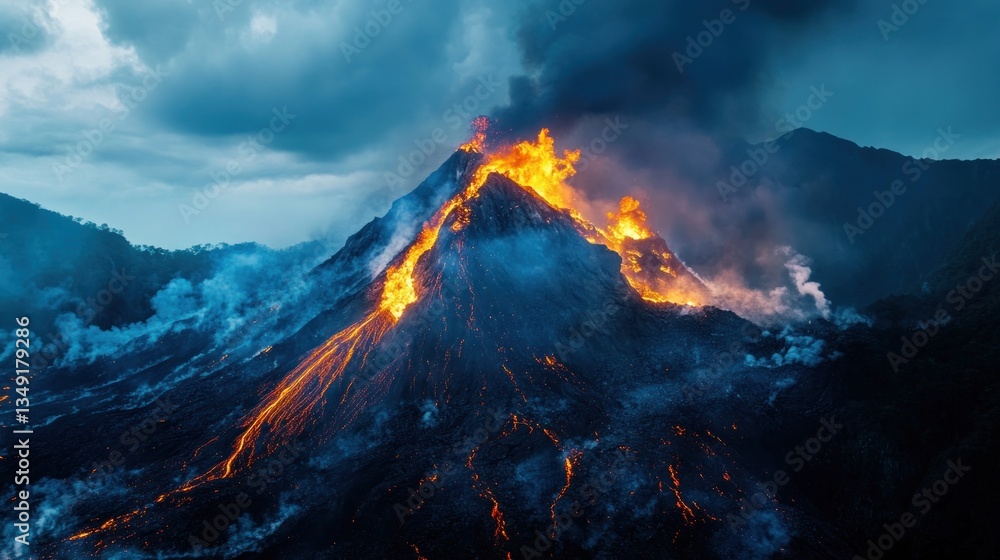 Fototapeta premium Erupting Volcano Under Dramatic Sky