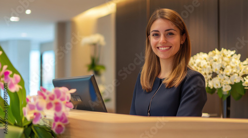 Friendly Female Receptionist Welcoming Guests at Modern Office Reception with Beautiful Flower Arrangements and Bright Natural Light for Professional Environment