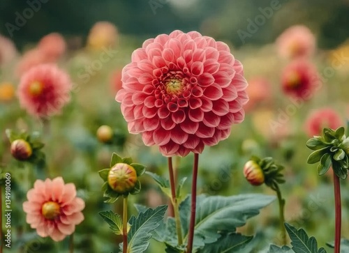 Beautiful pink dahlia flower blooming in a field of flowers