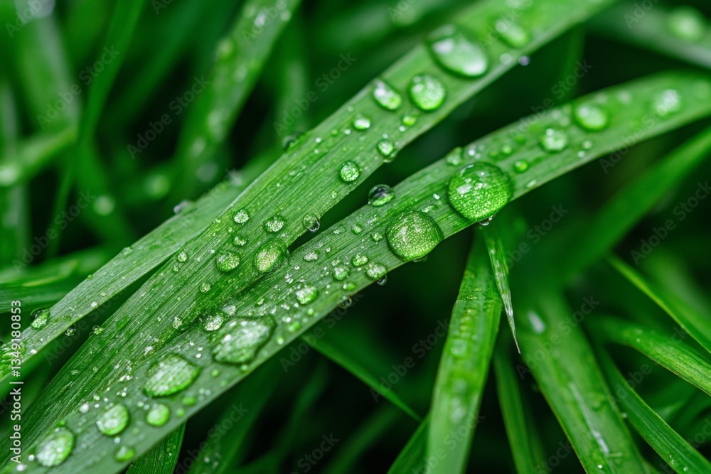 Close-up view of dew-covered grass blades in a lush green environment during early morning Close-up view of dew-covered grass blades in a lush green environment during early morning