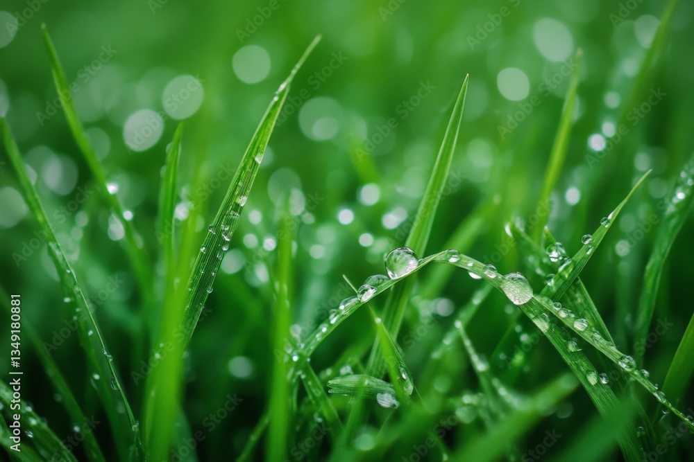 Obraz premium Dewdrops glimmer on freshly cut grass in early morning sunlight creating a serene natural landscape