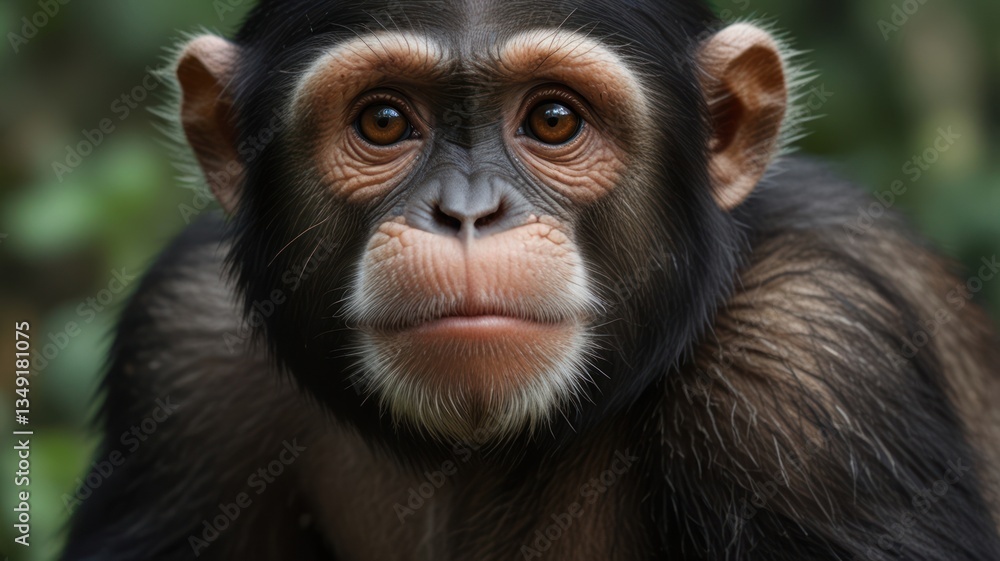 Close-up of a young chimpanzee's face, looking directly at the camera.  Focused on its expressive eyes and soft features.  A glimpse into the wild