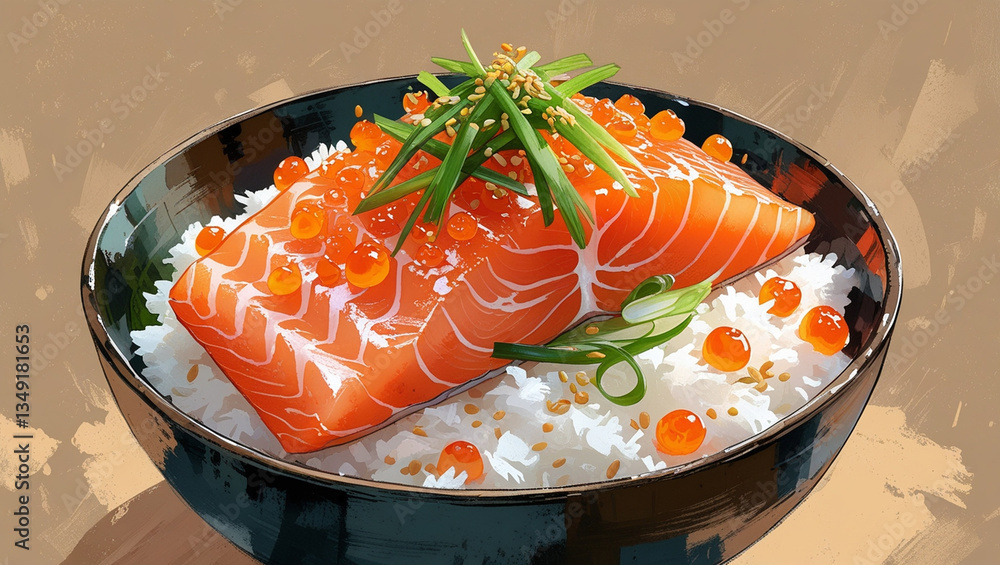 A bowl of donburi features a thick slice of salmon sashimi atop a bed of white rice, garnished with salmon roe and green sprouts. A bowl of donburi features a thick slice of salmon sashimi atop a bed of white rice, garnished with salmon roe and green sprouts.