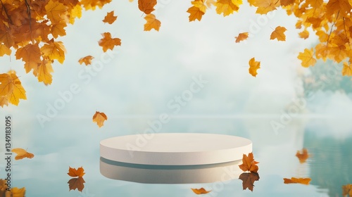 A podium surrounded by floating autumn leaves, placed in a serene misty lake.