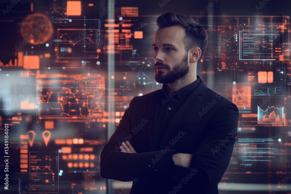 Fototapeta premium Business professional analyzing data in a modern workspace with digital interfaces