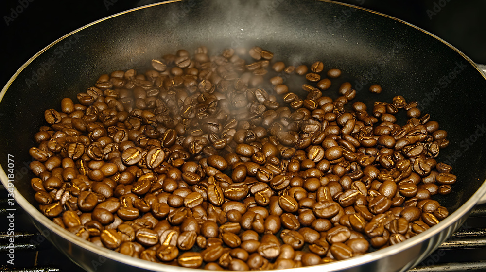 Closeup of steaming coffee beans roasting in a dark pan. Rich, warm tones and visible steam create a tempting image perfect for coffee packaging, blogs, or culinary websites. Closeup of steaming coffee beans roasting in a dark pan. Rich, warm tones and visible steam create a tempting image perfect for coffee packaging, blogs, or culinary websites.