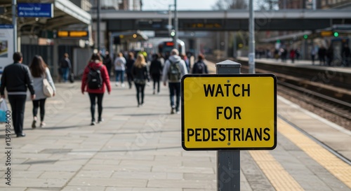 Wallpaper Mural Pedestrian Safety Sign on Train Station Platform with People Walking Torontodigital.ca