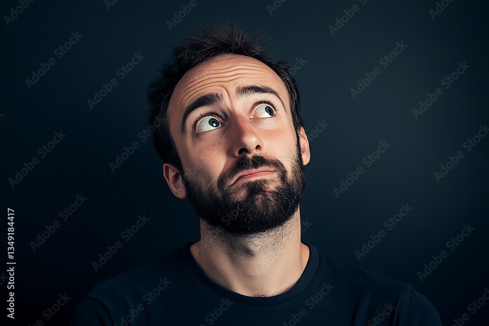 A pensive young man with a beard gazes upwards, lost in thought against a dark backdrop; dramatic lighting highlights his contemplative expression. A pensive young man with a beard gazes upwards, lost in thought against a dark backdrop; dramatic lighting highlights his contemplative expression.