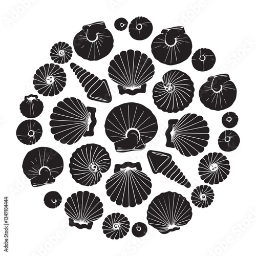 Circular Collection of Seashell Silhouettes – Assorted Marine Shell Shapes in Black and White for Nautical, Coastal, and Ocean-Inspired Design Elements