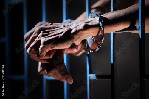 Hands in Handcuffs Resting on Jail Bars with Shadows and Light