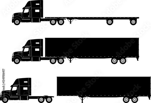 Truck icon. Set of modern semi truck silhouettes. Side view. Flat vector