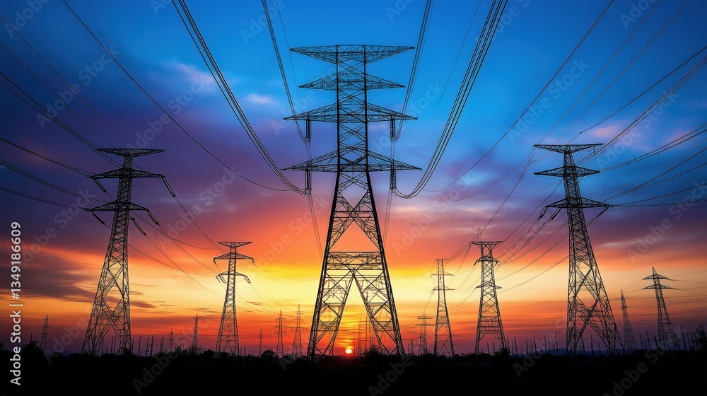 Fototapeta premium Electricity pylons silhouetted against vibrant sunset sky with dramatic clouds