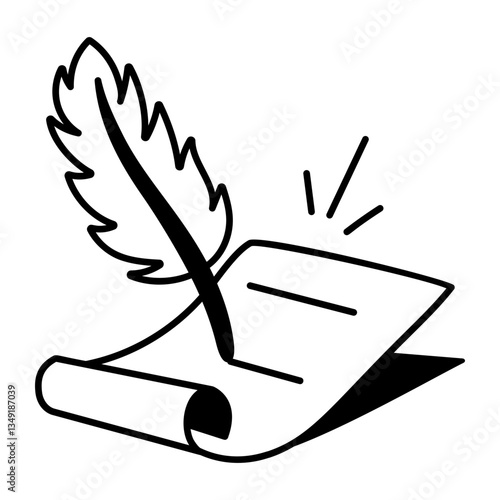 Doodle style icon of a magic quill writing on paper 
