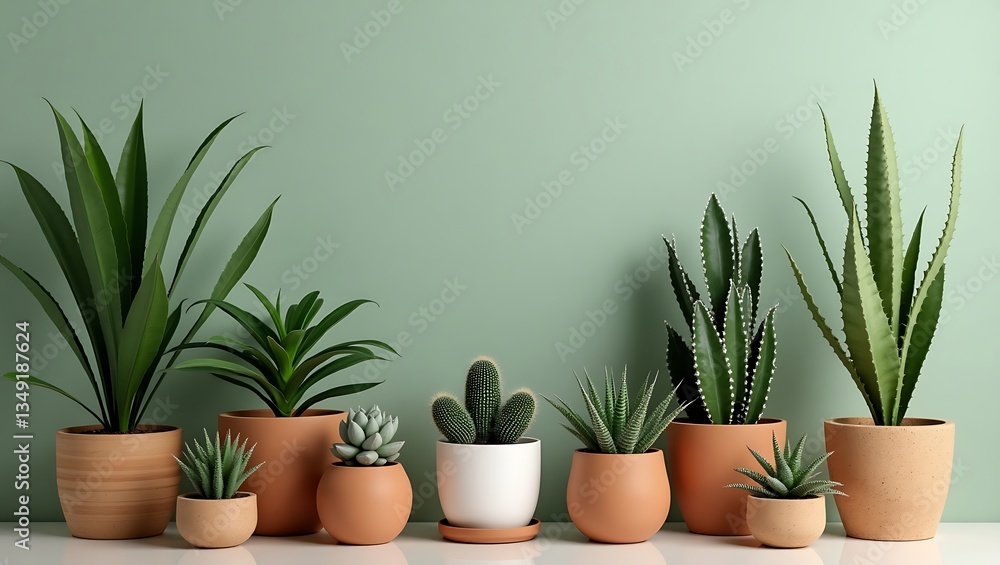 Collection of assorted potted plants arranged in a row, showcasing a variety of sizes, textures, and shades of green, all presented against a soft, serene backdrop. Collection of assorted potted plants arranged in a row, showcasing a variety of sizes, textures, and shades of green, all presented against a soft, serene backdrop.