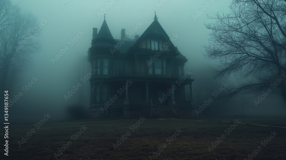 Mysterious Victorian mansion shrouded in fog with eerie atmosphere and haunting presence Mysterious Victorian mansion shrouded in fog with eerie atmosphere and haunting presence