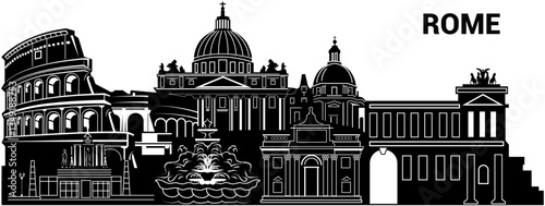 An editable vector silhouette of Rome featuring the Colosseum, St. Peter’s Basilica, the Pantheon, Trevi Fountain, and Altare della Patria. Perfect for branding, prints, souvenirs, and travel designs