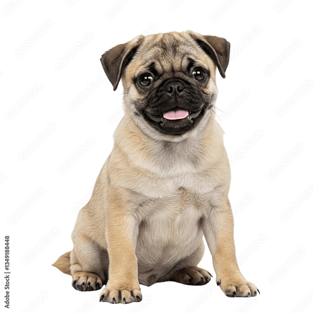 Pug puppy sitting isolated on transparent background, png Pug puppy sitting isolated on transparent background, png