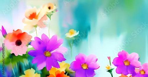 Vibrant Watercolor Floral Frame, pink flowers and leaves, Copy space