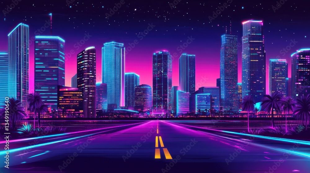 Fototapeta premium Neon Cityscape at Night: Retrofuturistic Metropolis