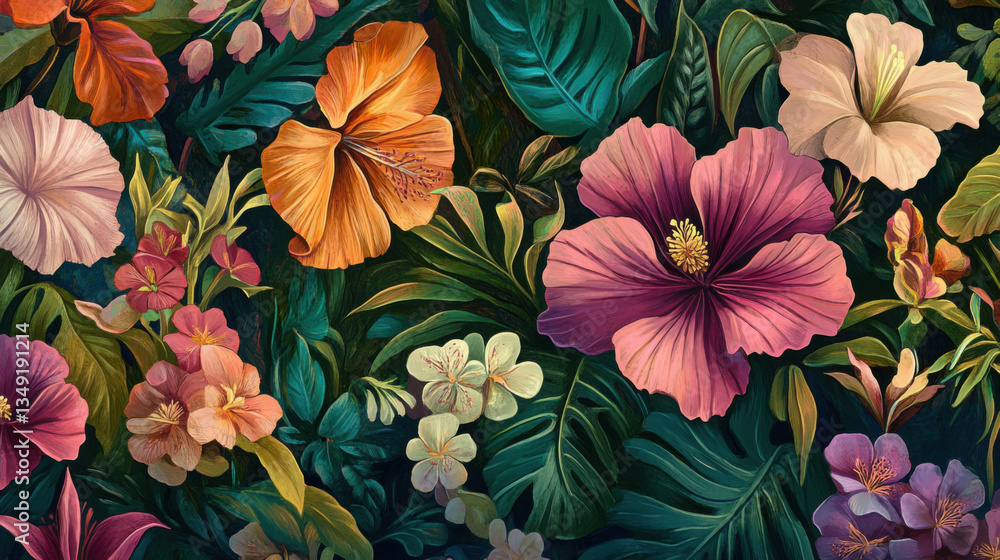 Fototapeta premium Vibrant and Colorful Floral Background with Exotic Flowers and Lush Green Leaves, Perfect for Nature Themes and Tropical Aesthetics in Design Projects