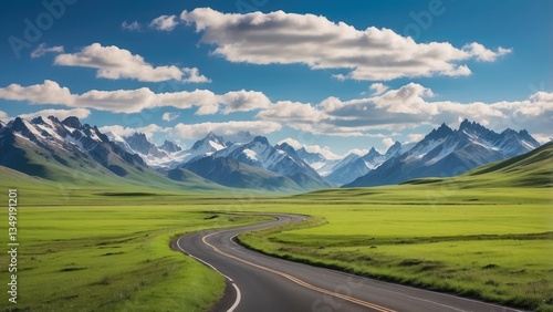 A scenic view featuring a winding asphalt road bordered by vibrant green grass, photo