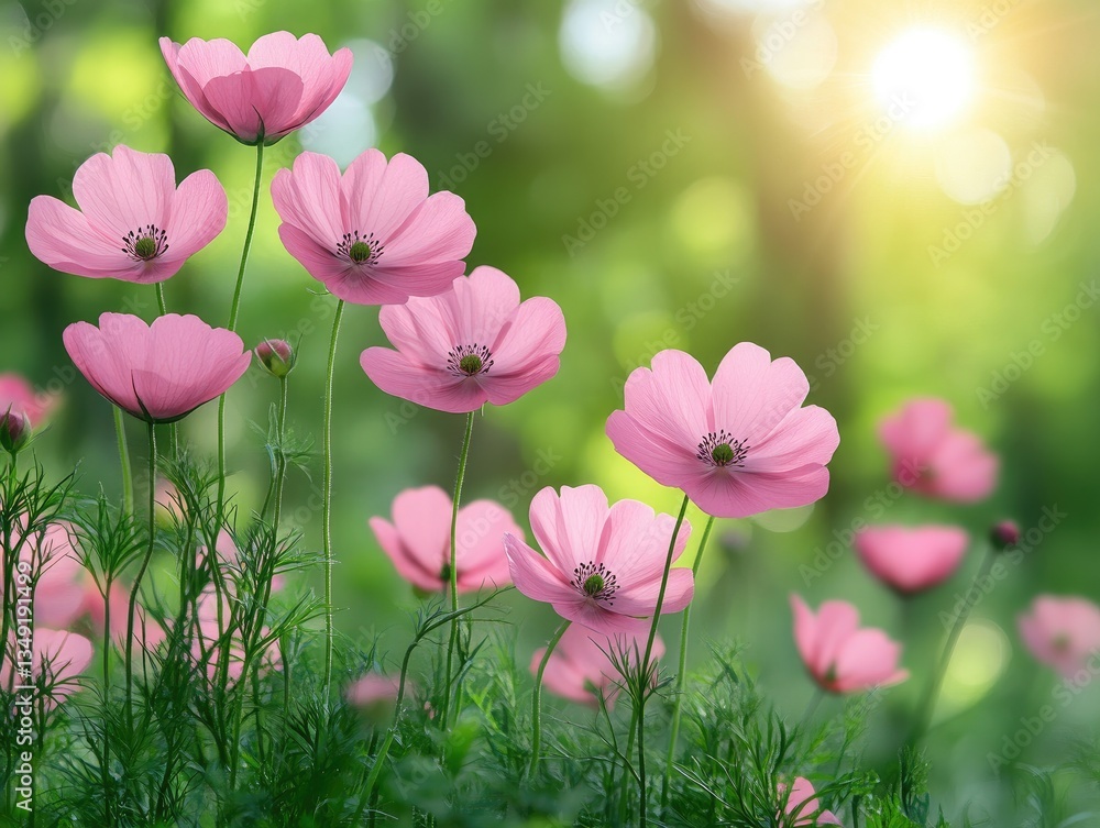 Delicate pink cosmos flowers bloom in a sunlit field. Perfect for spring, nature, and serenity themes. Delicate pink cosmos flowers bloom in a sunlit field. Perfect for spring, nature, and serenity themes.