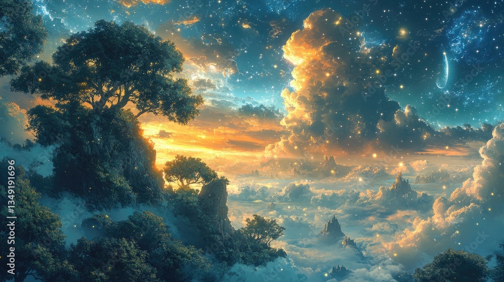 Fantasy landscape, treetops, sunrise, floating clouds, scenic view, dreamy atmosphere, inspiring, tranquility Fantasy landscape, treetops, sunrise, floating clouds, scenic view, dreamy atmosphere, inspiring, tranquility