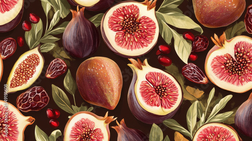 Vibrant and Detailed Illustration of Figs, Pomegranates, and Foliage on a Dark Background Perfect for Culinary and Botanical Themes