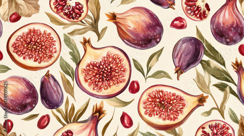 Vibrant and Artistic Representation of Figs and Pomegranates on a Soft Background with Beautiful Leafy Accents for Creative and Culinary Projects