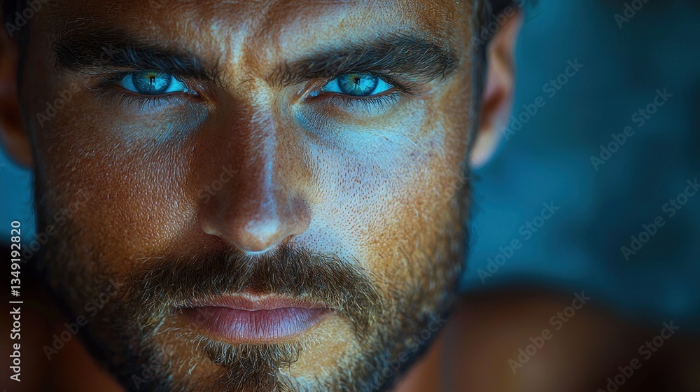 Fototapeta premium Close-up portrait of a man with intense blue eyes and beard.