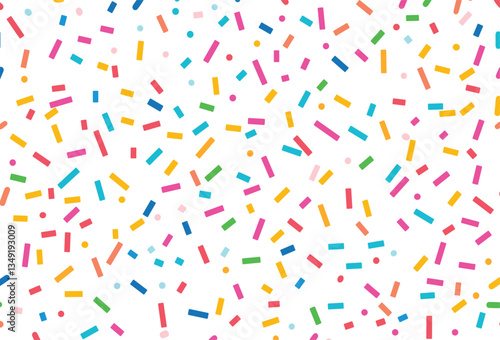 Colorful sprinkle pattern, seamless, vector illustration, flat design, white background, minimalist, simple, cute, and colorful.