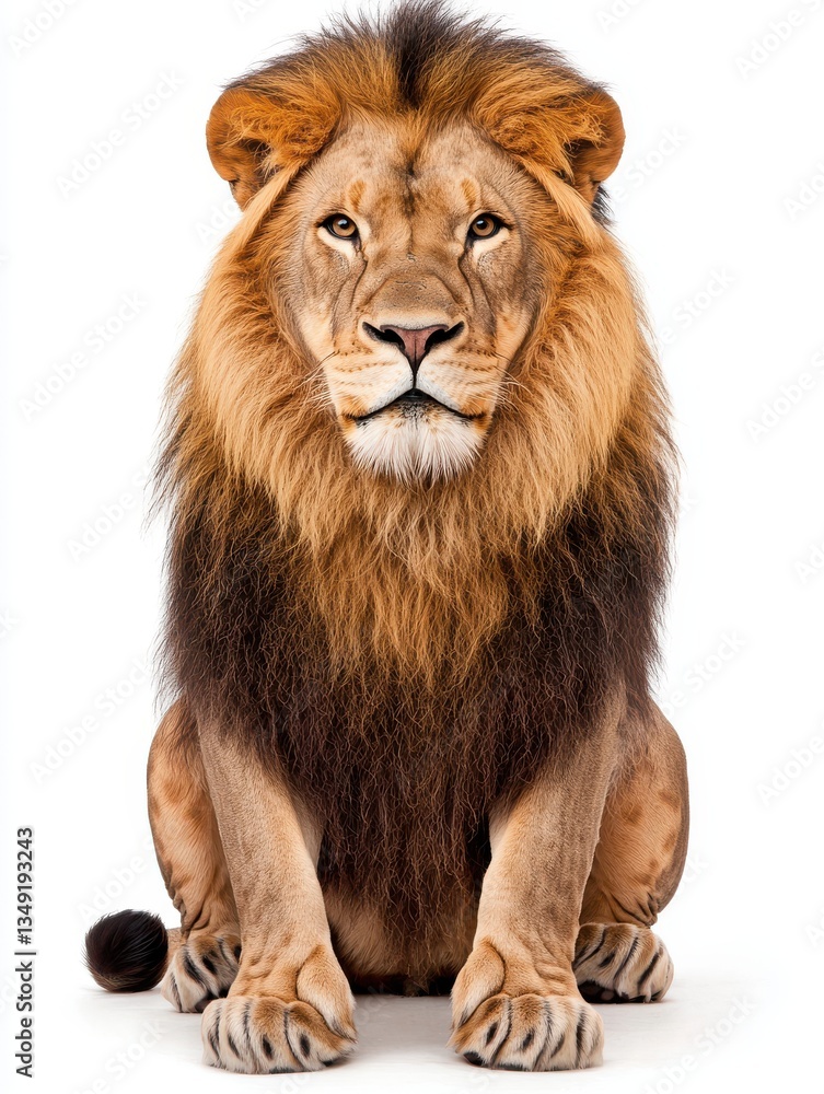 Majestic Lion with Flowing Mane Posed Against a White Background Majestic Lion with Flowing Mane Posed Against a White Background