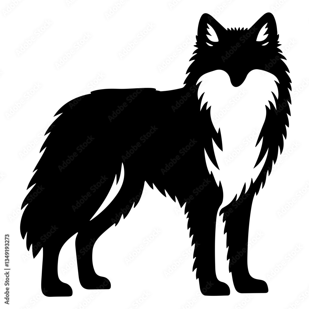 Silhouette, wolf, standing, side view, black and white, graphic design, sharp contrast, stylized, sleek, detailed fur texture, pointed ears, bushy tail, majestic pose, vector art, minimalist Silhouette, wolf, standing, side view, black and white, graphic design, sharp contrast, stylized, sleek, detailed fur texture, pointed ears, bushy tail, majestic pose, vector art, minimalist