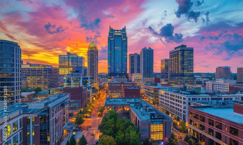 Obraz premium Stunning sunset over downtown skyline with vibrant colors and city lights