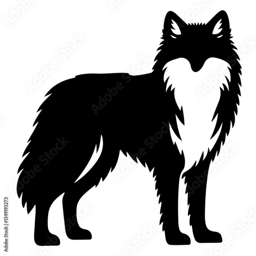 Silhouette, wolf, standing, side view, black and white, graphic design, sharp contrast, stylized, sleek, detailed fur texture, pointed ears, bushy tail, majestic pose, vector art, minimalist