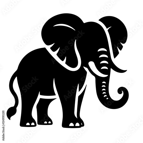 Stylized elephant silhouette, black and white graphic, minimalist design, bold contours, side profile, curved trunk, symbolic representation, tribal art influence, vector illustration, strong contrast